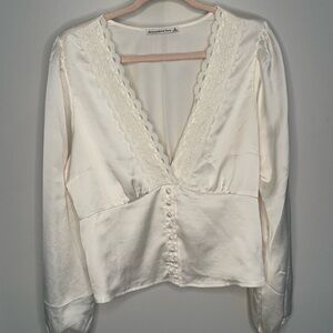 Abercrombie & Fitch Ivory Lace-Trim Satin Blouse